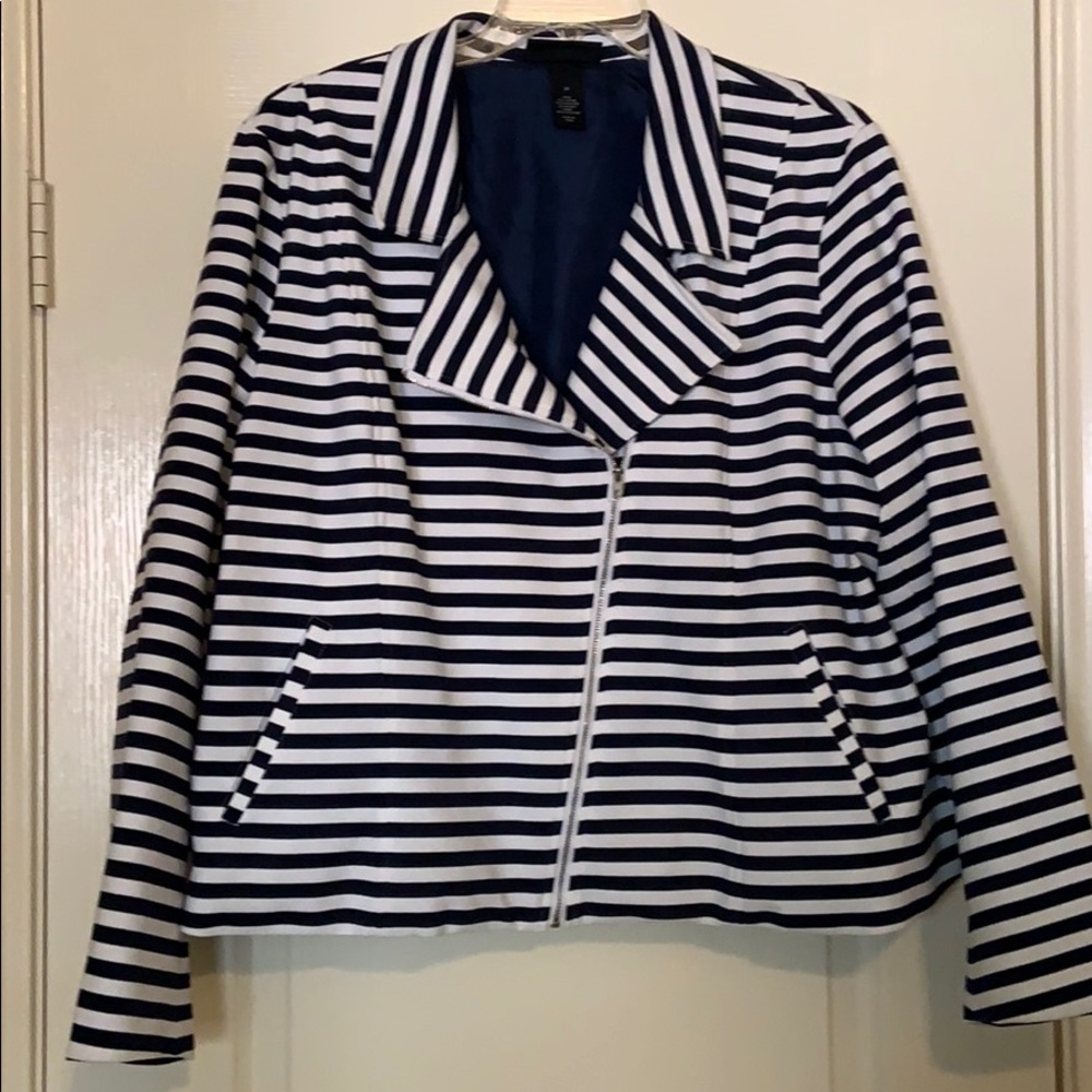 Lane Bryant Striped Blue and White Zip Up Blazer